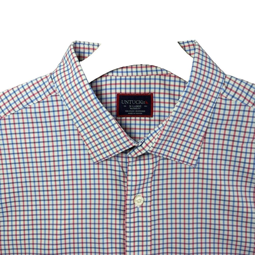 Untuckit Kemmeter Shirt Mens XL Relaxed Fit Short Sleeve Stretch Plaid Nylon